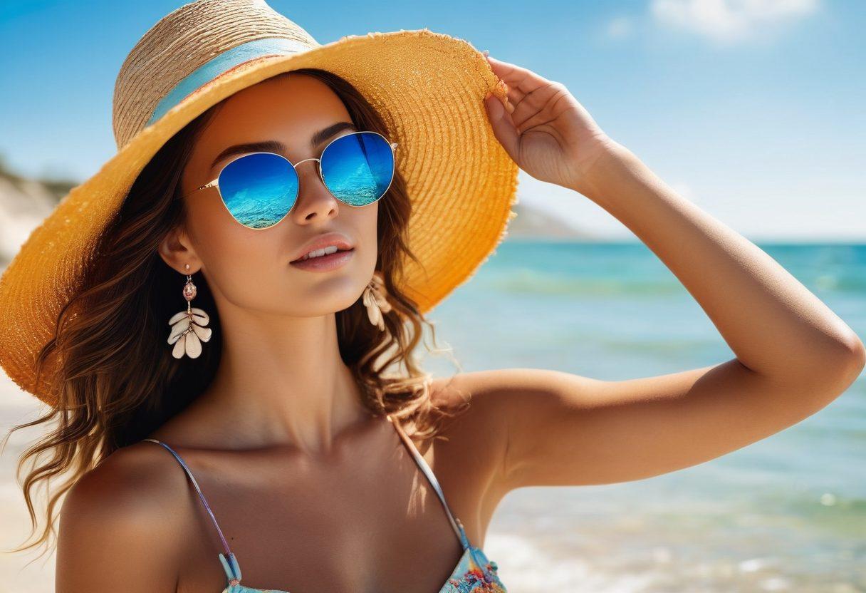 A sun-kissed beach scene featuring a stylish model wearing colorful, trendy beach jewelry, surrounded by shimmering seashells, sunglasses, and a straw hat. The background showcases gentle waves and a vibrant blue sky, enhancing the summer vibe. Add a touch of glittering sunlight reflecting on water for a dreamy effect. vibrant colors. super-realistic. beach theme.